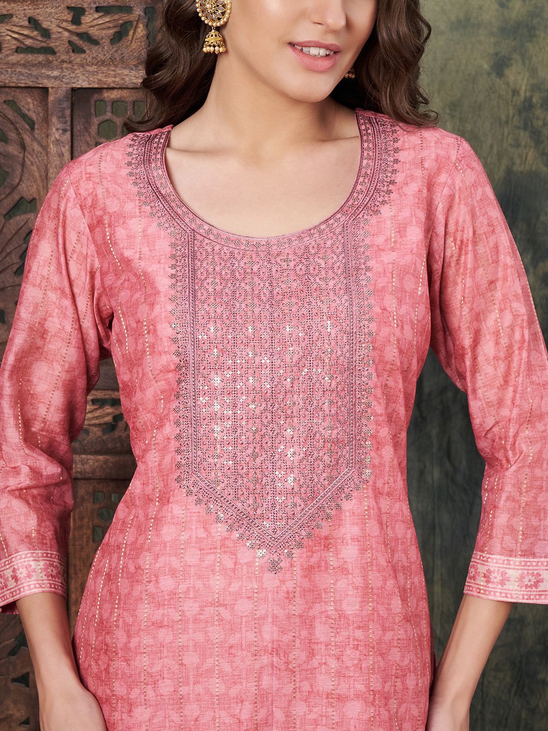 Label Khoj Women's Peach Chanderi Embroidered Kurta with Pant and Peach Dupatta