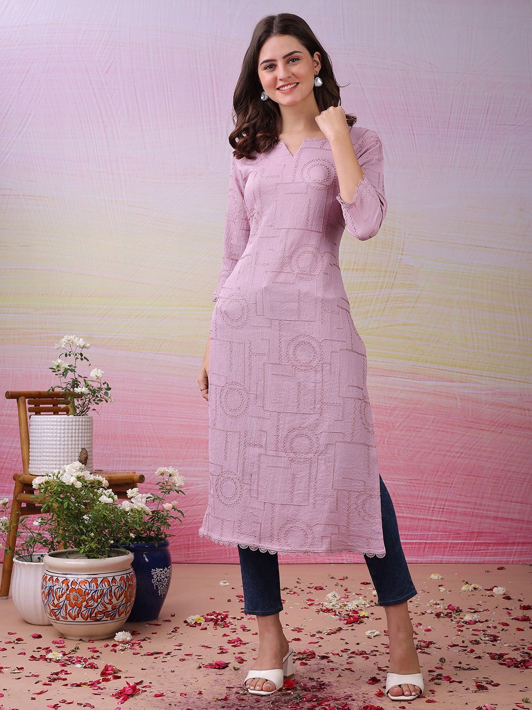 Label Khoj Women's Pink Polyester Embroidered Kurta