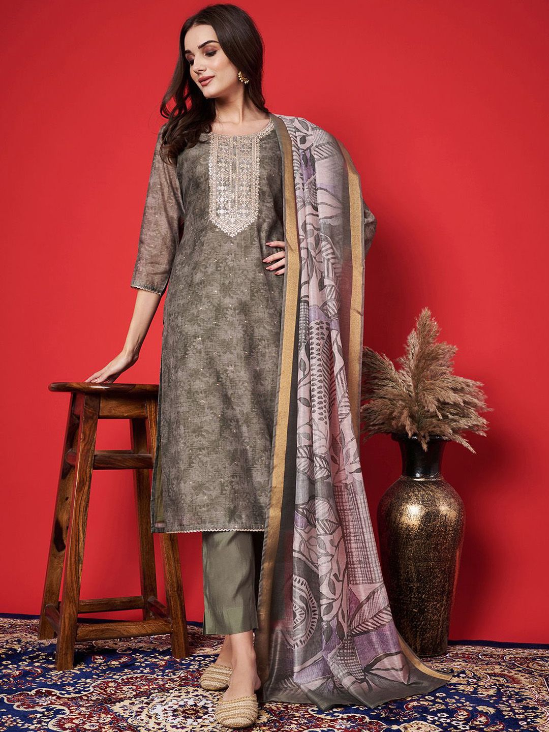 Label khoj chanderi kurta with bottom and dupptta setGreen Color