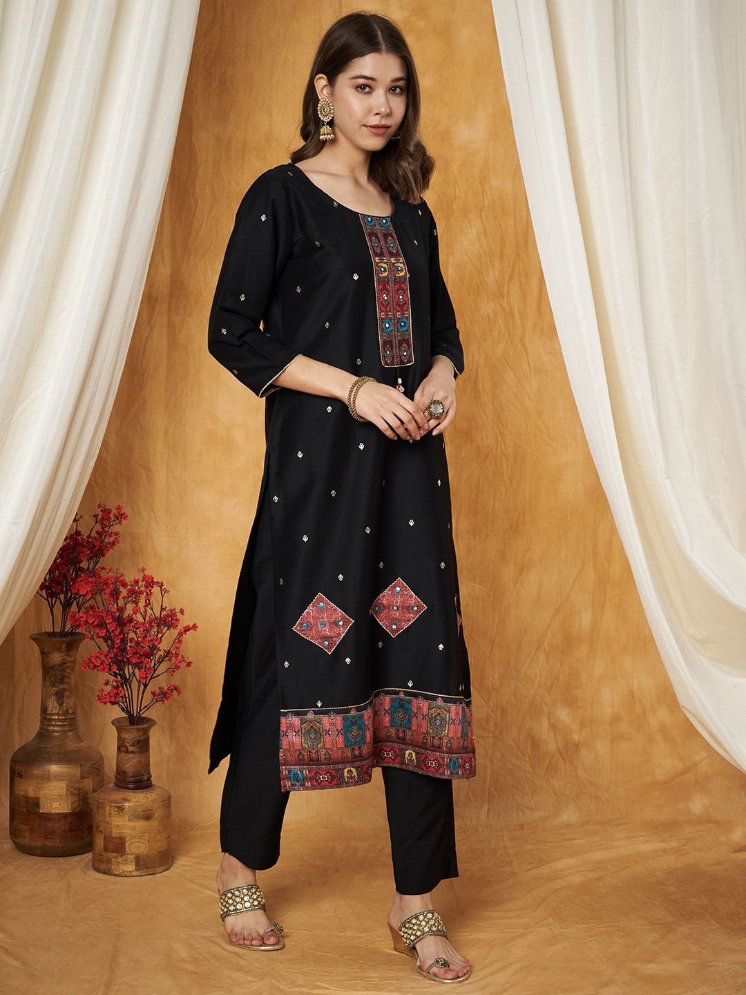Label Khoj Women's Black Chinon Hand Embroidery Kurta with Pant and Dupatta