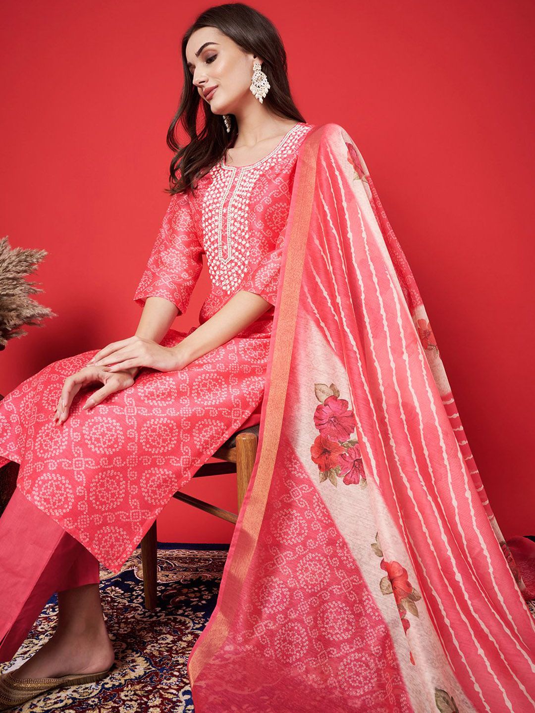 Label khoj chanderi kurta with bottom and dupptta setPink Color