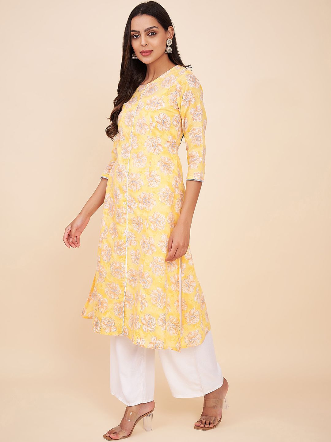 Label Khoj Women Cotton Yellow Floral Kurta