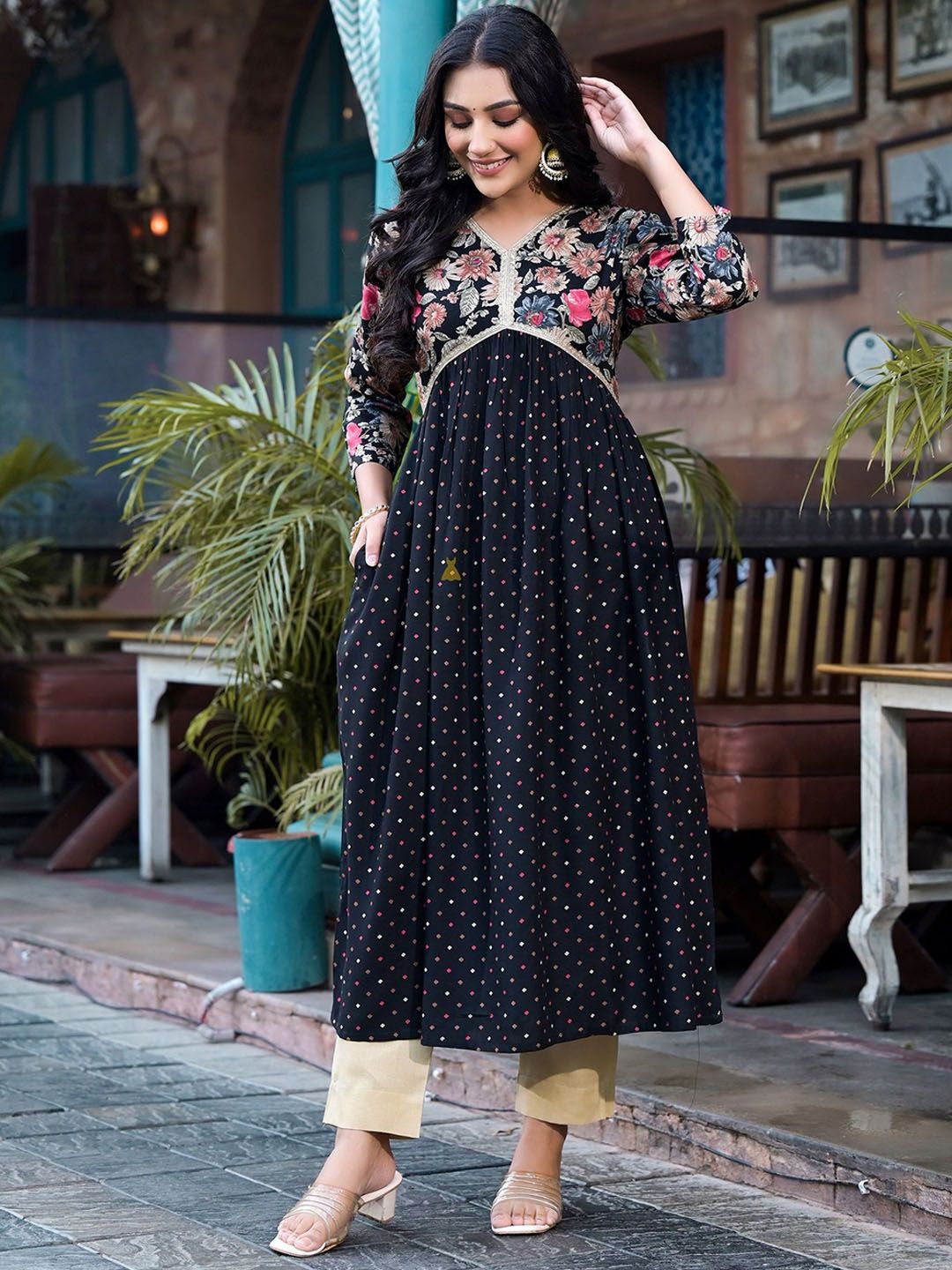 Label Khoj Women Rayon print A line Alia kurta with Pocket