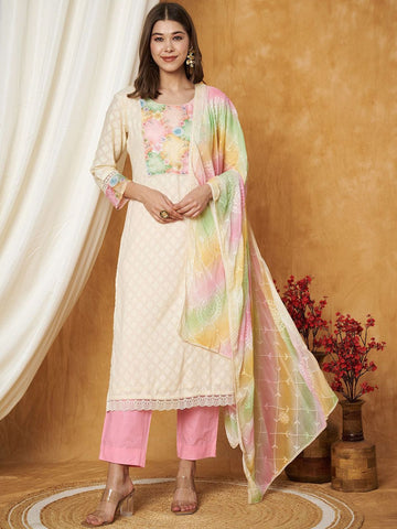 Label Khoj Women's Pink Cotton Jacquard Patch Work Kurta with Pant and Dupatta