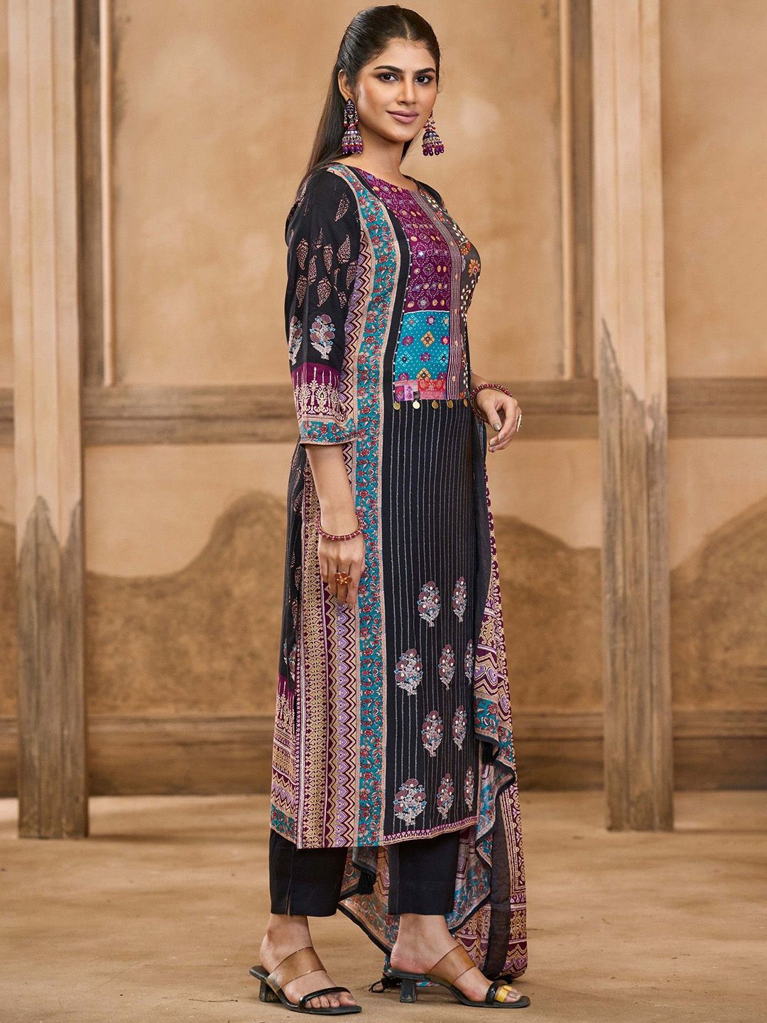 Label khoj Women maslin priint kurta, trouser and dupptta set