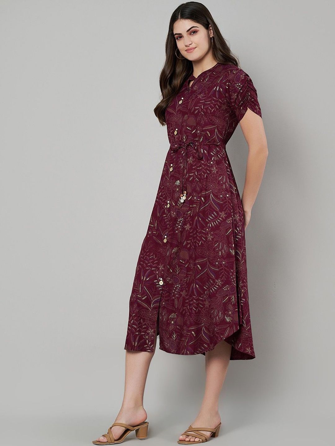 Label Khoj Women's Maroon Rayon Printed Midi Dress