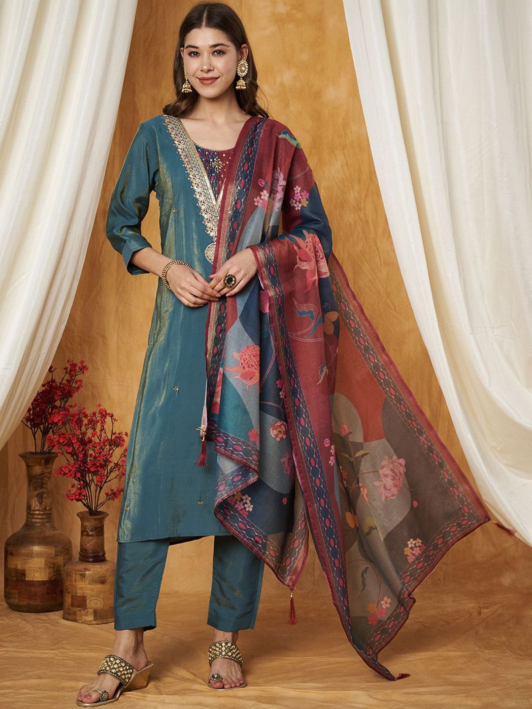 Label Khoj Women's Grey Silk Blend Embroidery Kurta with Pant and Dupatta