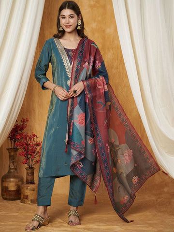 Label Khoj Women's Grey Silk Blend Embroidery Kurta with Pant and Dupatta