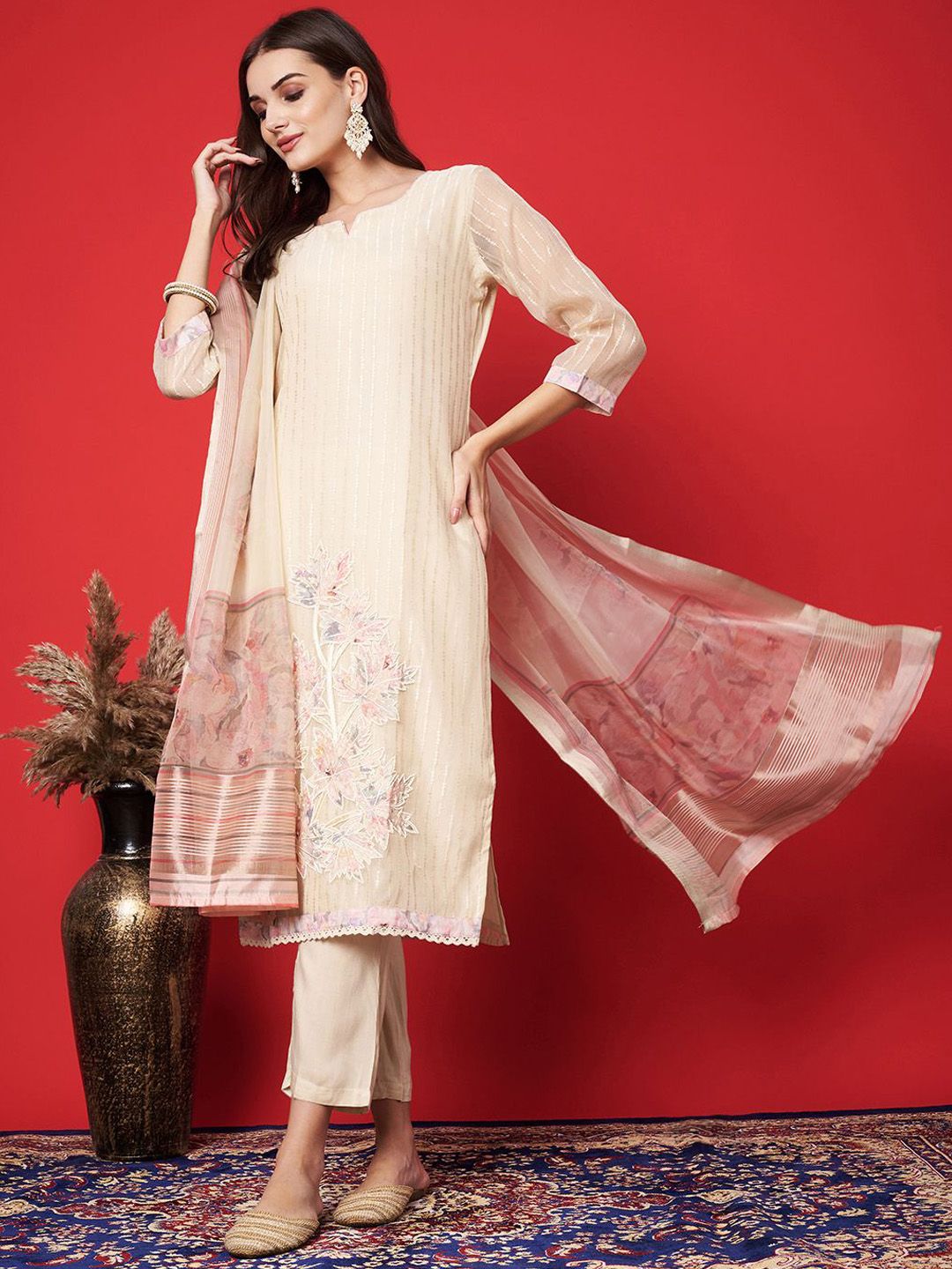 Label khoj chanderi kurta with bottom and dupptta setPeach Color