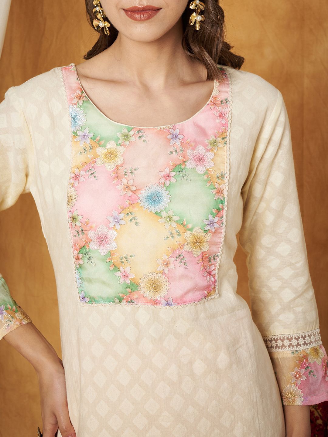 Label Khoj Women's Pink Cotton Jacquard Patch Work Kurta with Pant and Dupatta