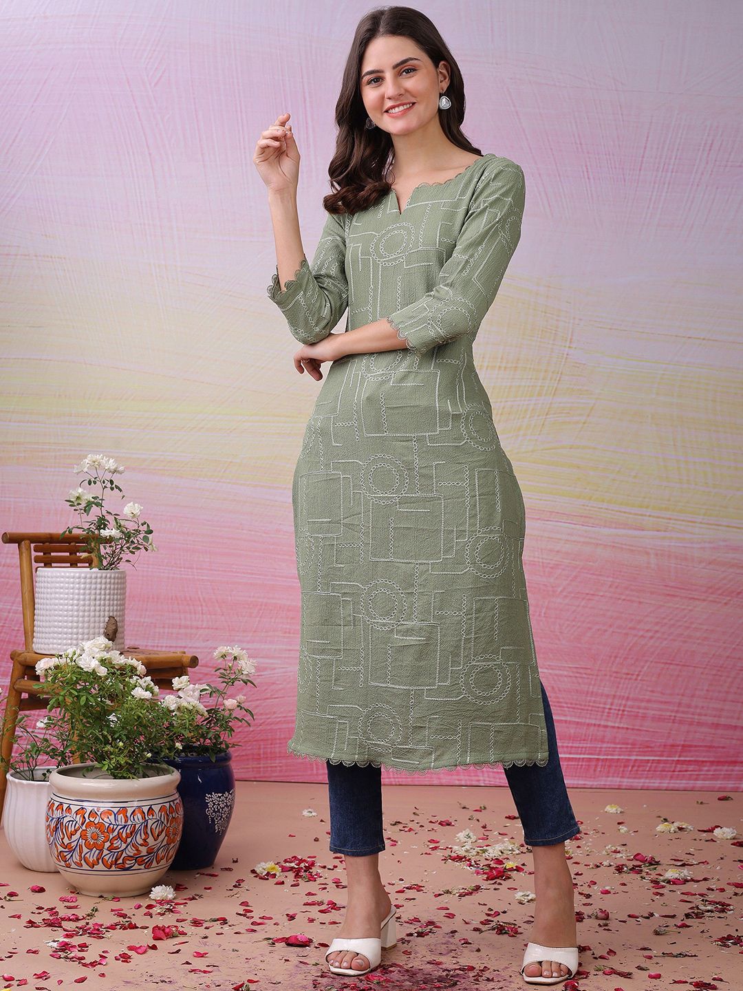 Label Khoj Women's Pista Polyester Embroidered Kurta
