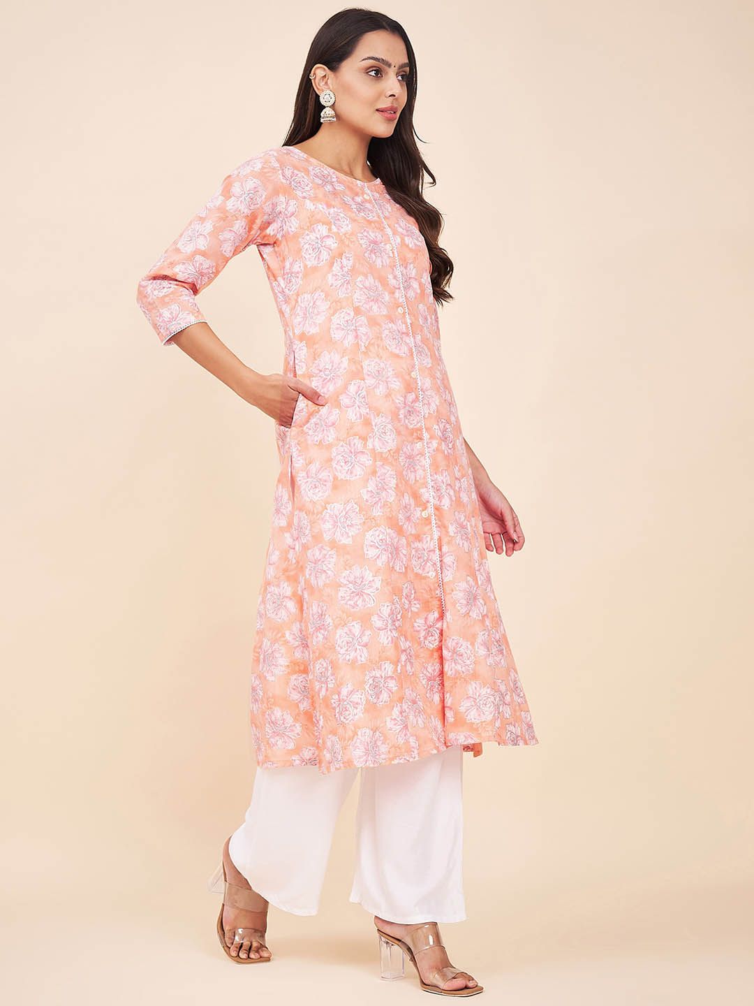 Label Khoj Women Cotton Orange Floral Kurta