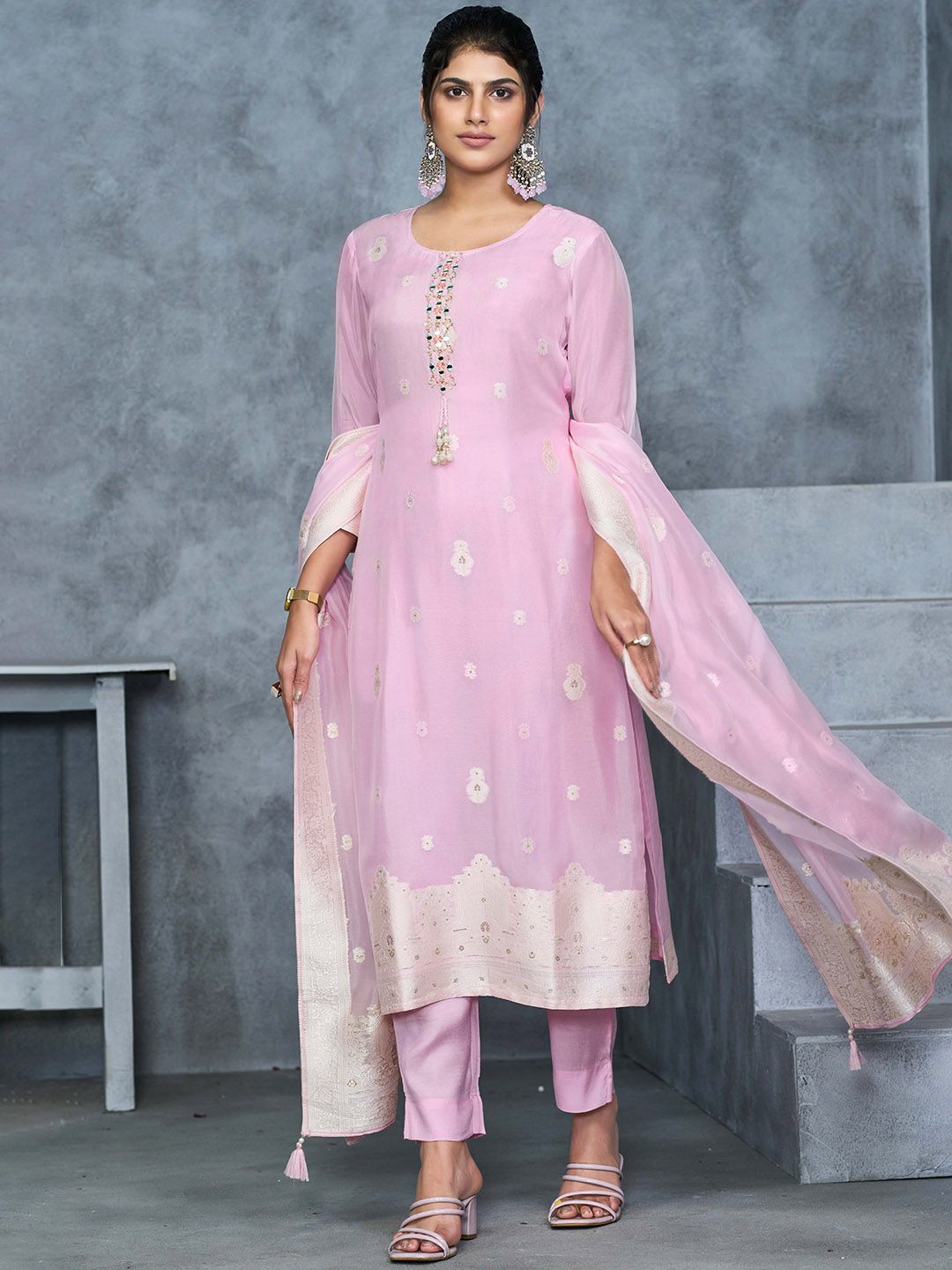 Label khoj Pure viscose organza jacqured with hand work kurta set
