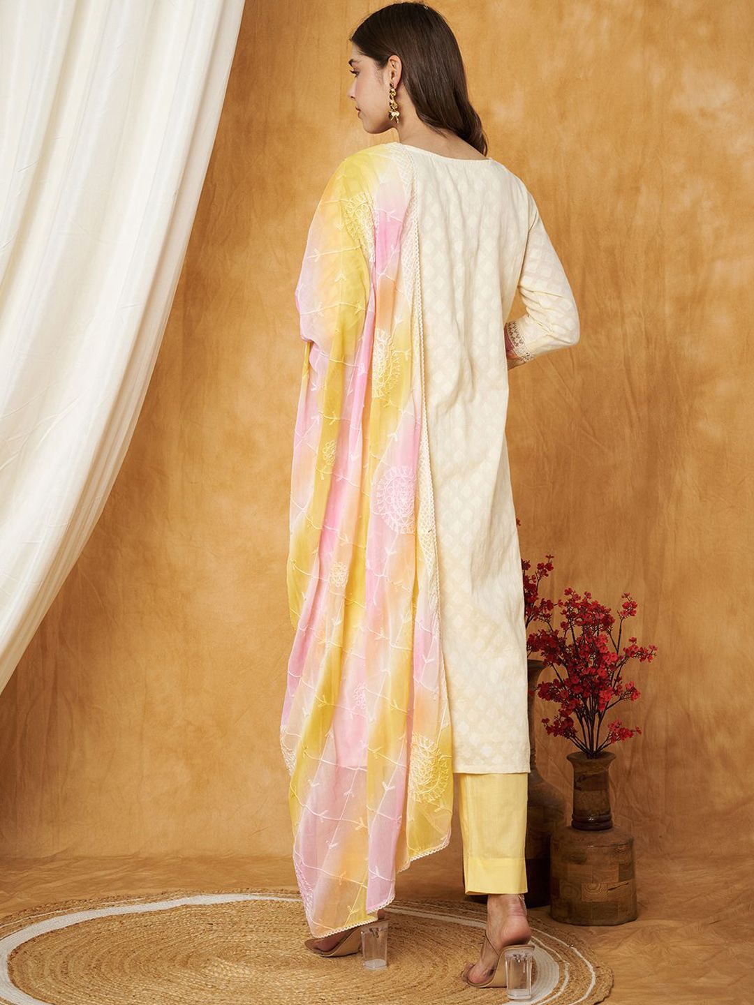 Label Khoj Women's Yellow Cotton Jacquard Patch Work Kurta with Pant and Dupatta