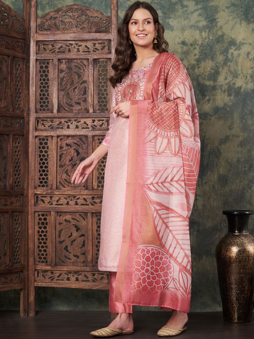 Label Khoj Women's Peach Chanderi Embroidered Kurta with Pant and Peach Dupatta