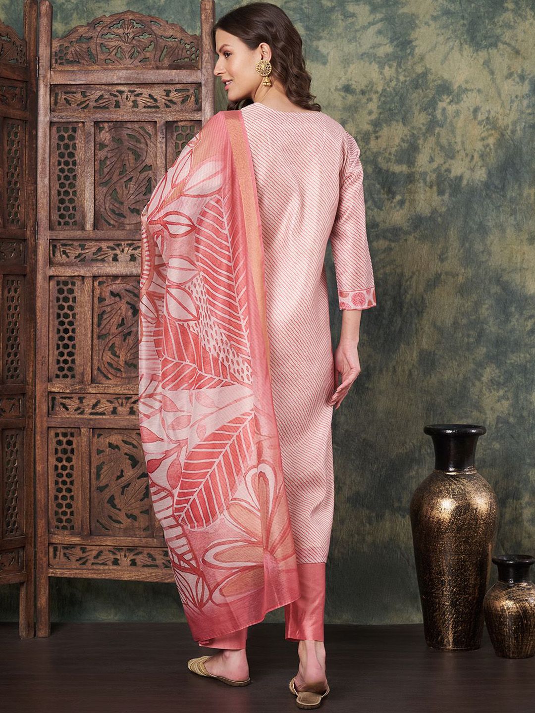 Label Khoj Women's Peach Chanderi Embroidered Kurta with Pant and Peach Dupatta