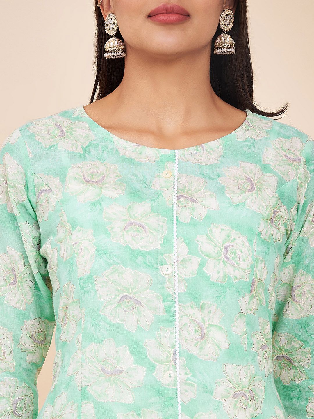 Label Khoj Women Cotton Sea Green Floral Kurta