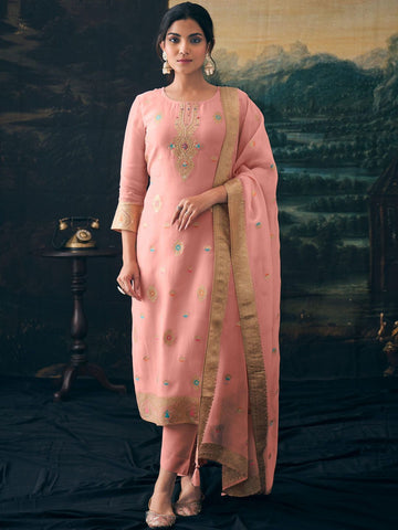 Label khoj Women pure jacquard kurta, trouser and dupptta set