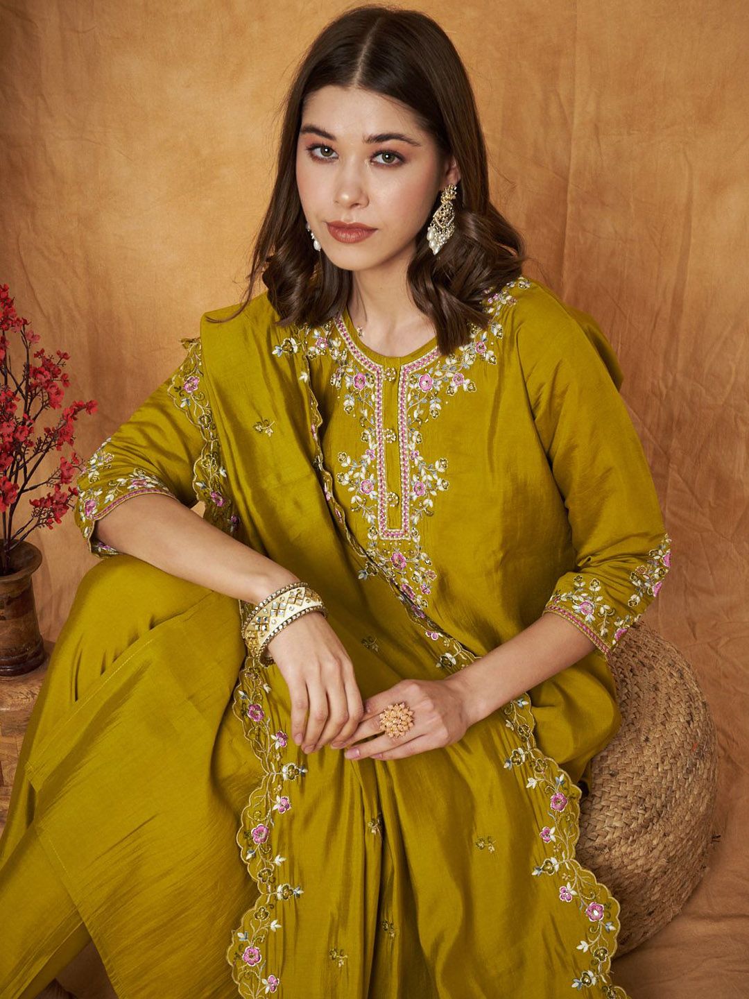 Label Khoj Women's Parrot Silk Blend Embroidery Kurta with Pant and Dupatta