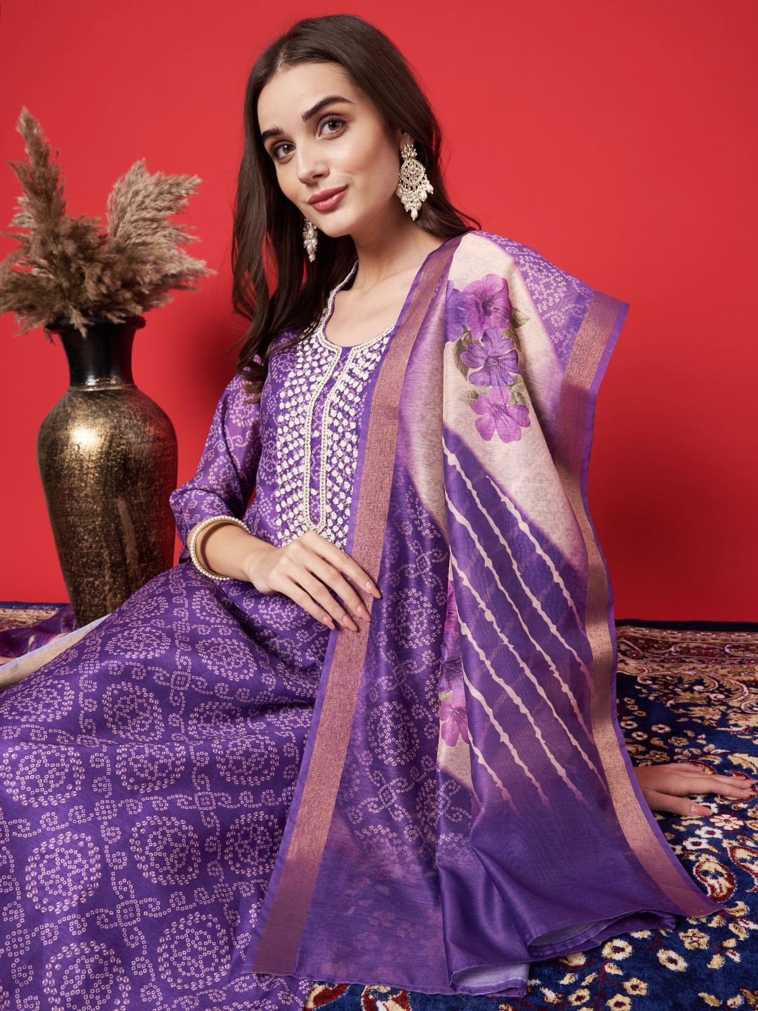 Label khoj chanderi kurta with bottom and dupptta setPurple  Color