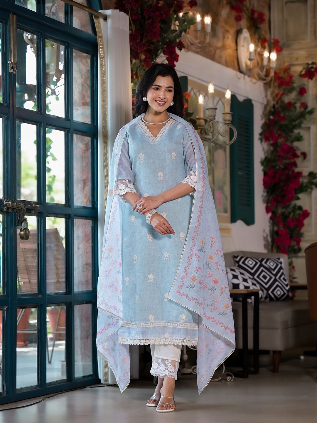 Label Khoj Women Lilen Digital print kurta, trouser and dupptta set