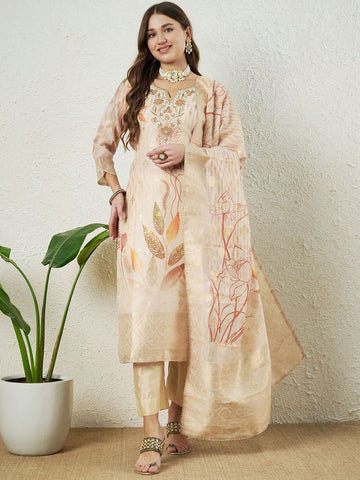 Label Khoj Women Silk Jacqured  Embroidery  Work Cream Color Kurta & Bottom With Dupatta  Set