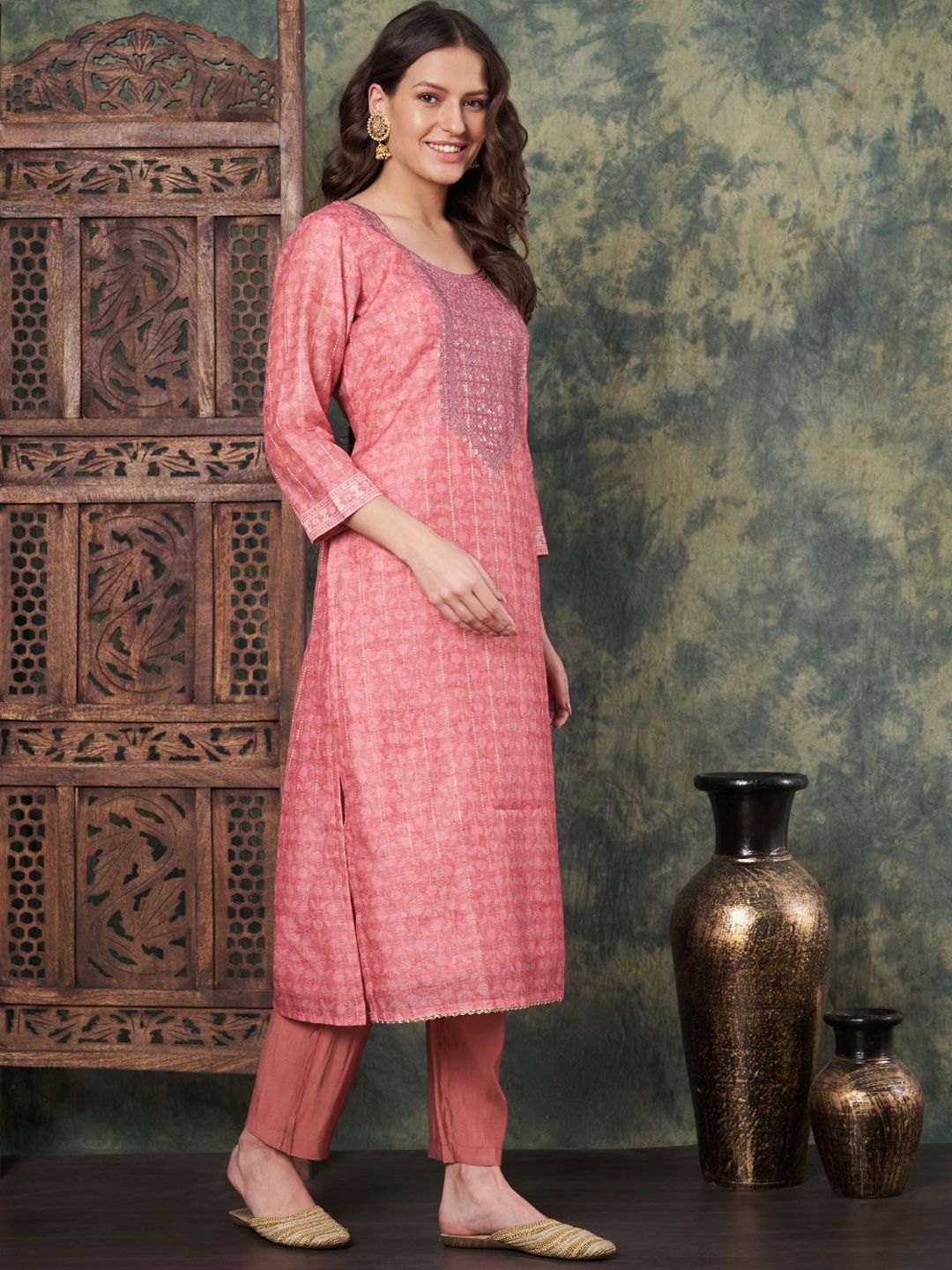 Label Khoj Women's Peach Chanderi Embroidered Kurta with Pant and Peach Dupatta