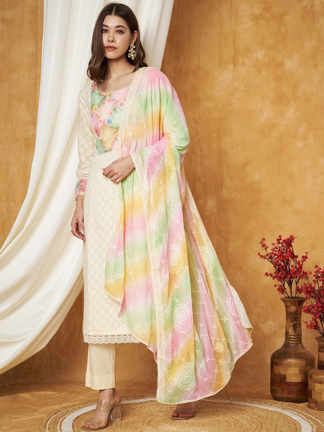 Label Khoj Women's Off White Cotton Jacquard Patch Work Kurta with Pant and Dupatta