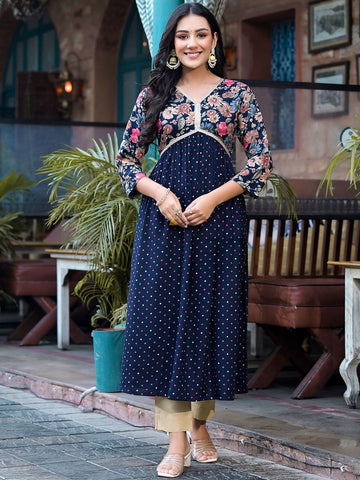 Label Khoj Women Rayon print A line Alia kurta with Pocket
