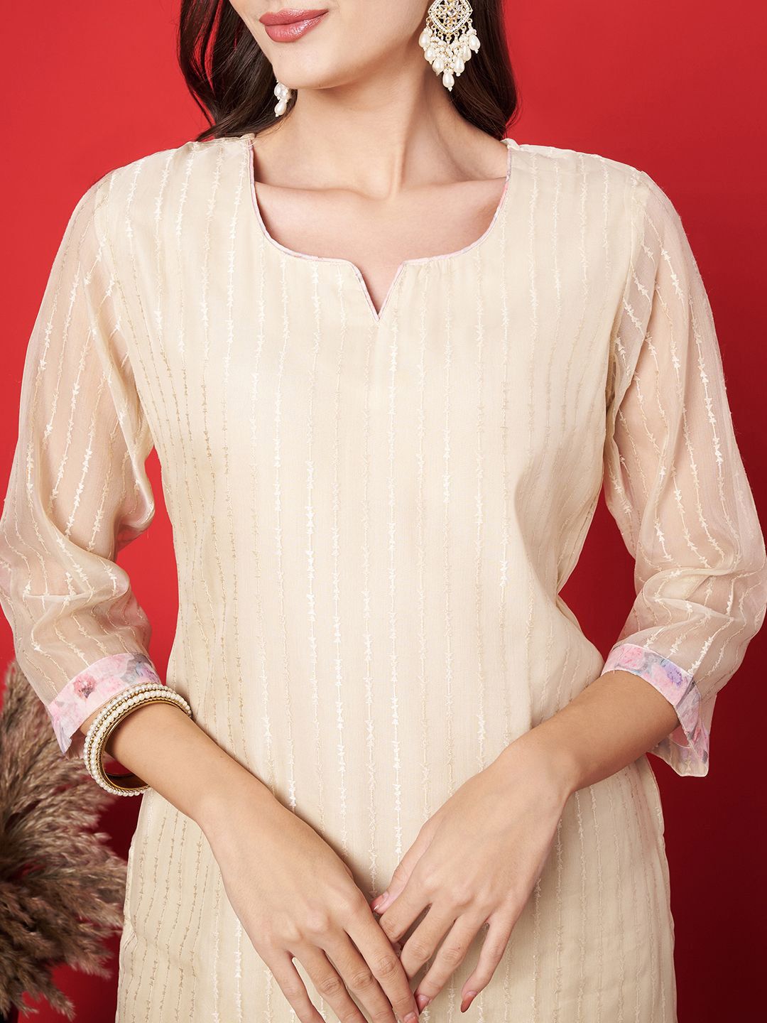 Label khoj chanderi kurta with bottom and dupptta setPeach Color