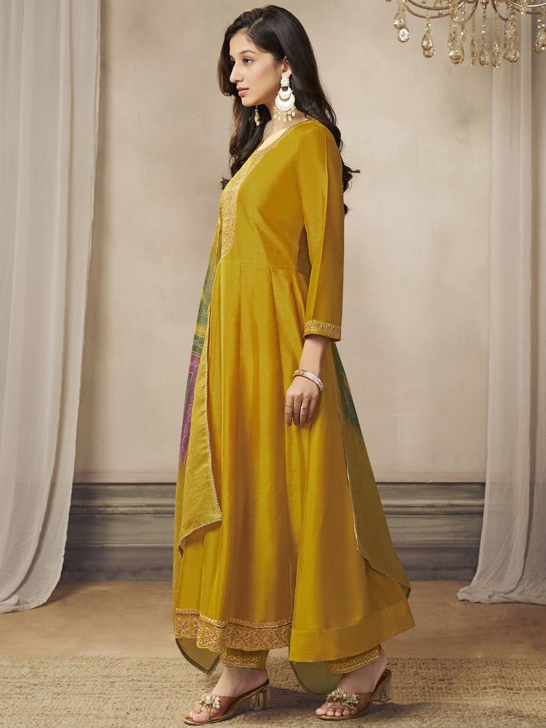 Label khoj Beautiful Anarkali kurta With Pant and Dupatta Set mustard  Color