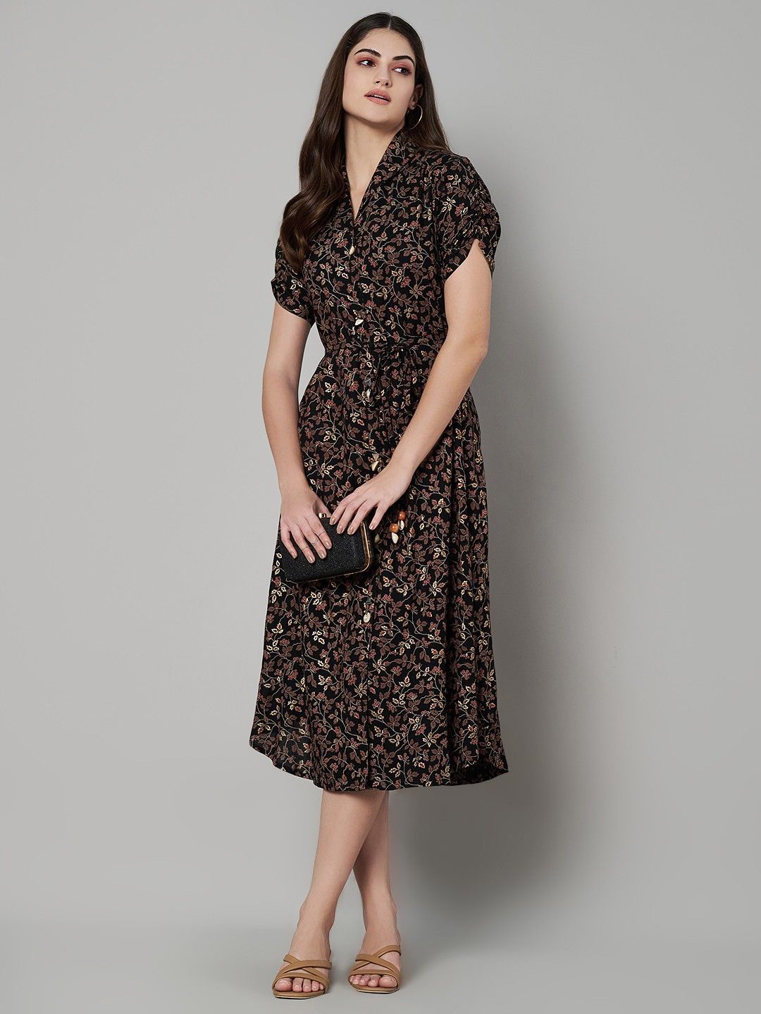 Label Khoj Women's Black Rayon Printed Midi Dress