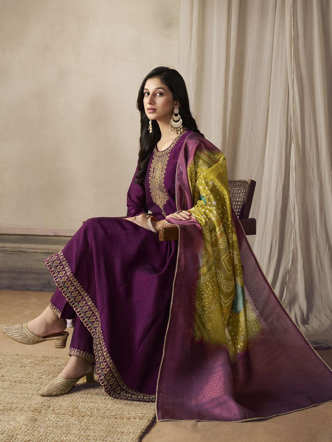 Label khoj Beautiful Anarkali kurta With Pant and Dupatta Set wine Color