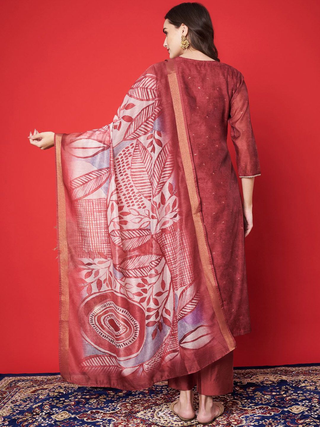 Label khoj chanderi kurta with bottom and dupptta setMaroon Color