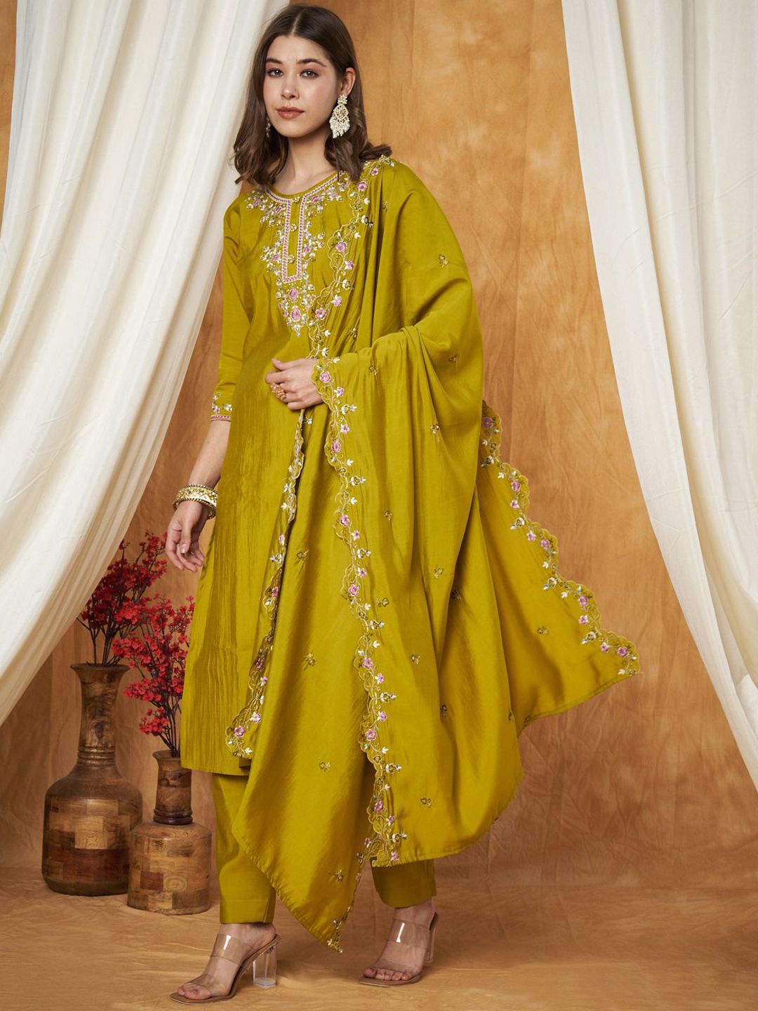 Label Khoj Women's Parrot Silk Blend Embroidery Kurta with Pant and Dupatta