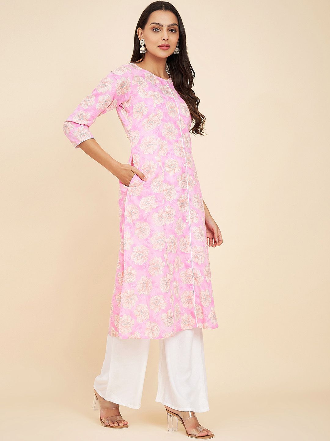 Label Khoj Women Cotton Pink Floral Kurta
