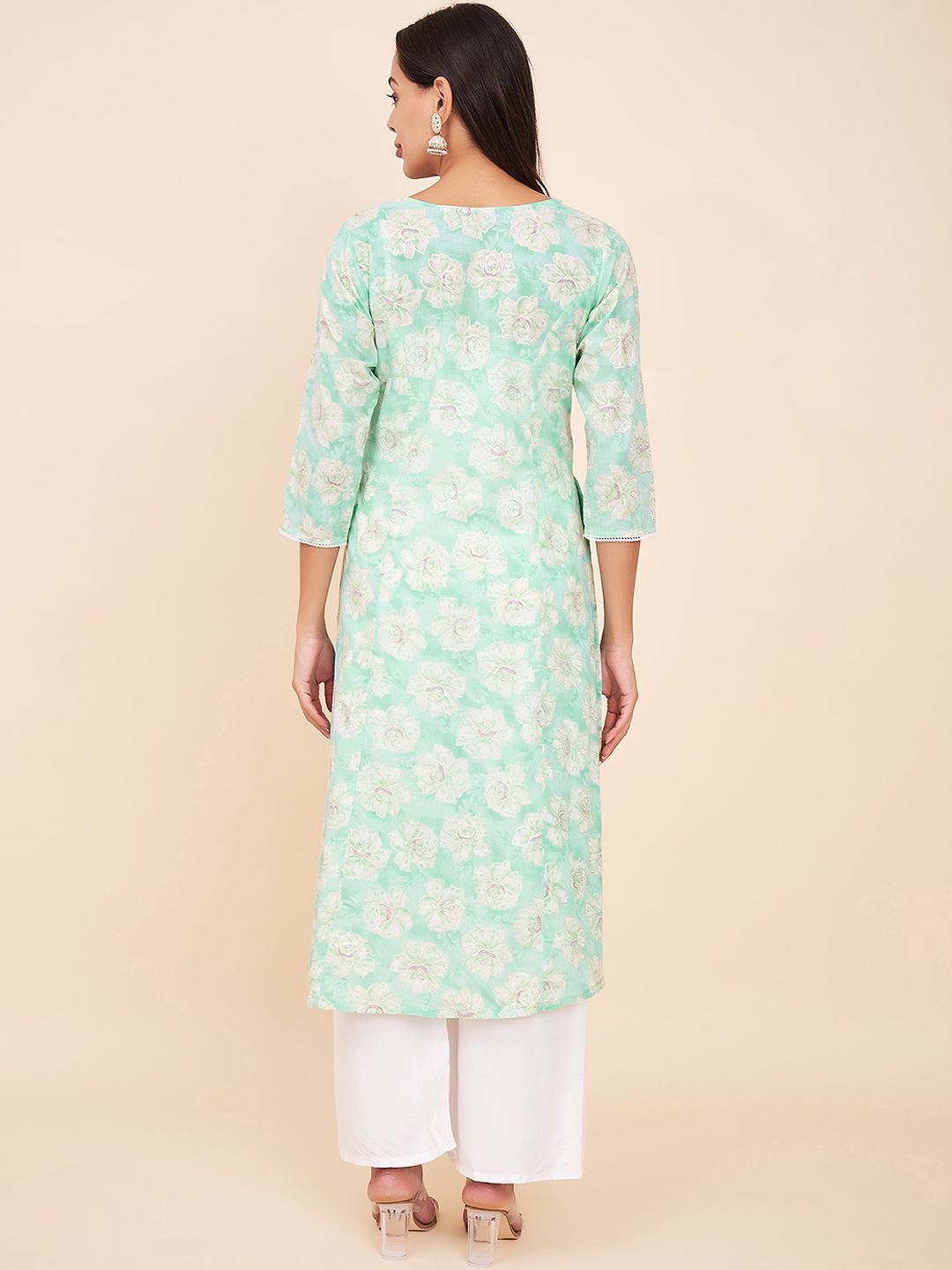 Label Khoj Women Cotton Sea Green Floral Kurta