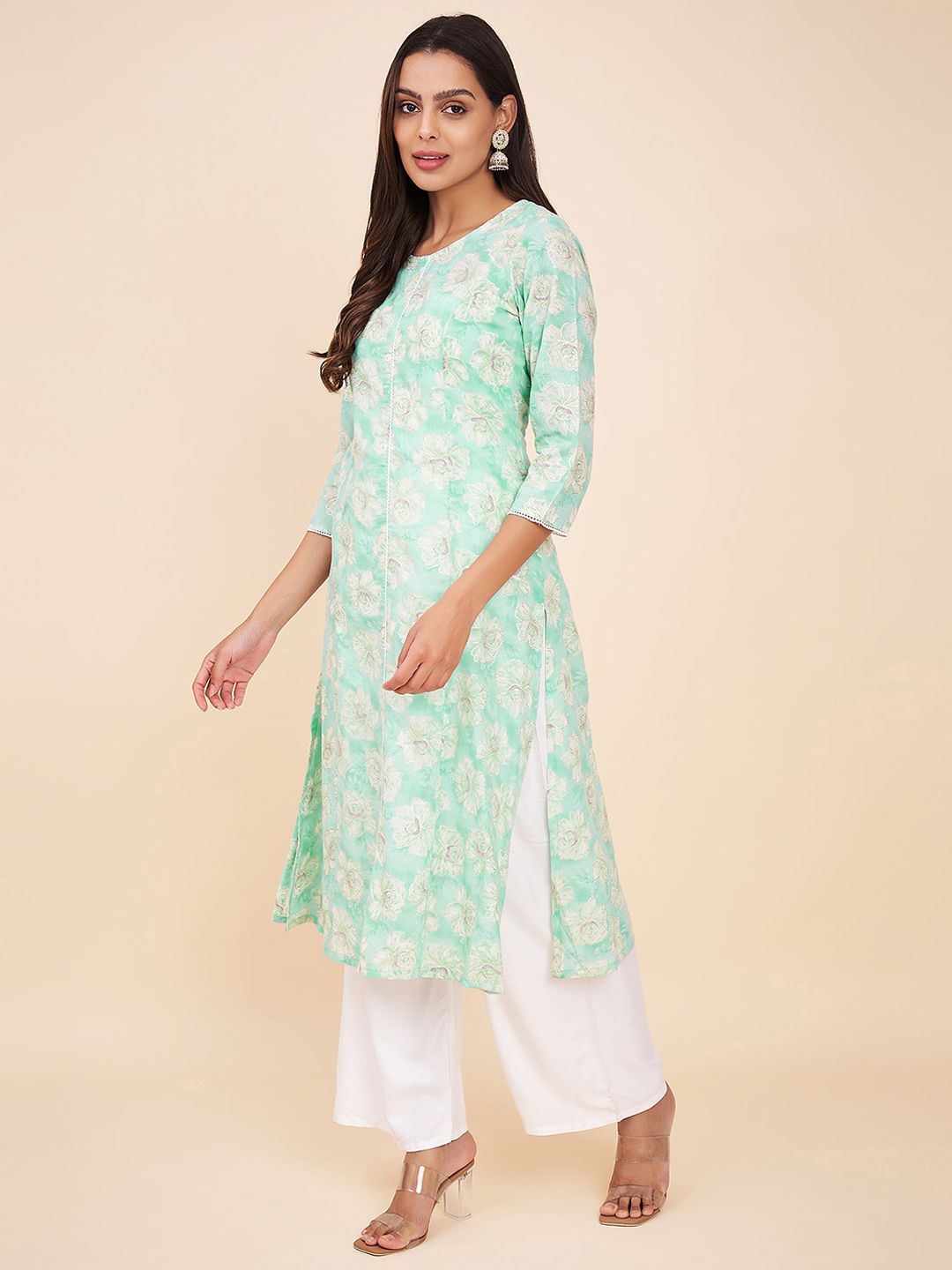 Label Khoj Women Cotton Sea Green Floral Kurta