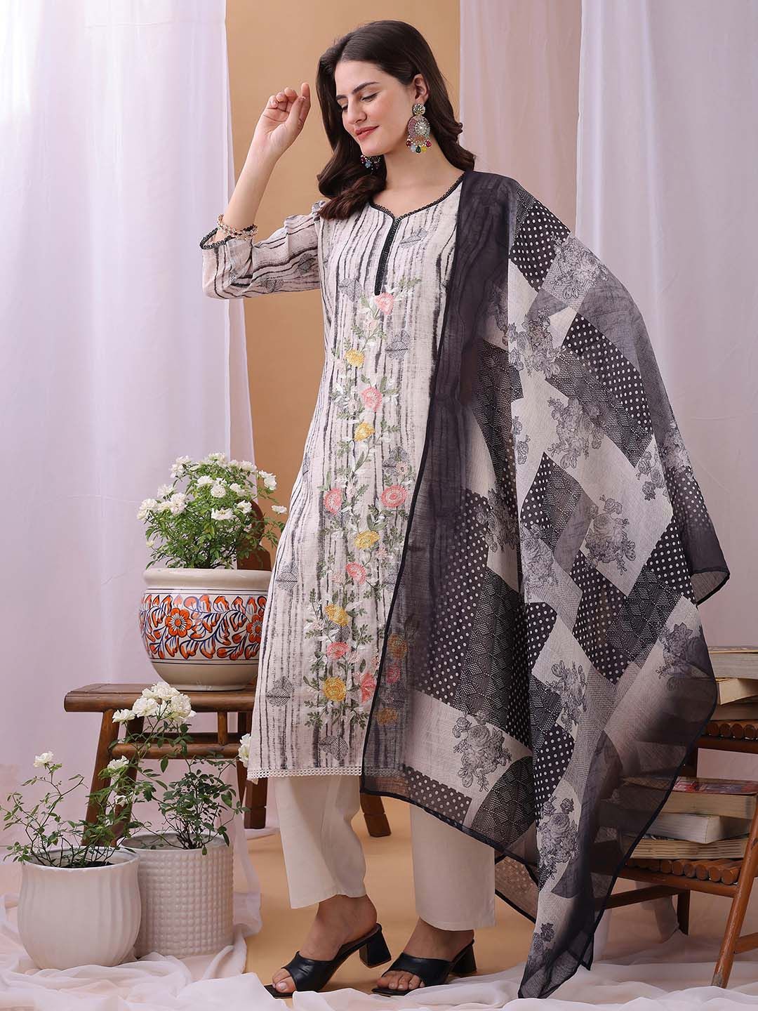 Label Khoj Women's Grey Linen Embroidered Kurta with Pant and Grey Dupatta