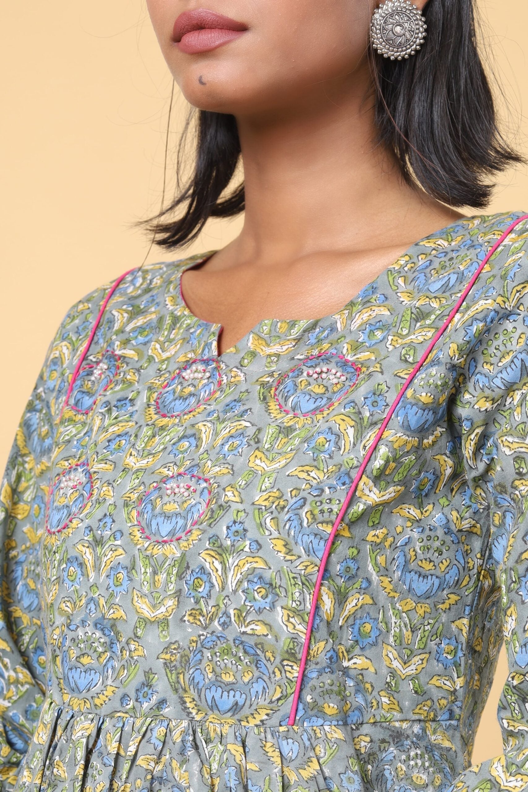 Green and Yellow handblock printed short top