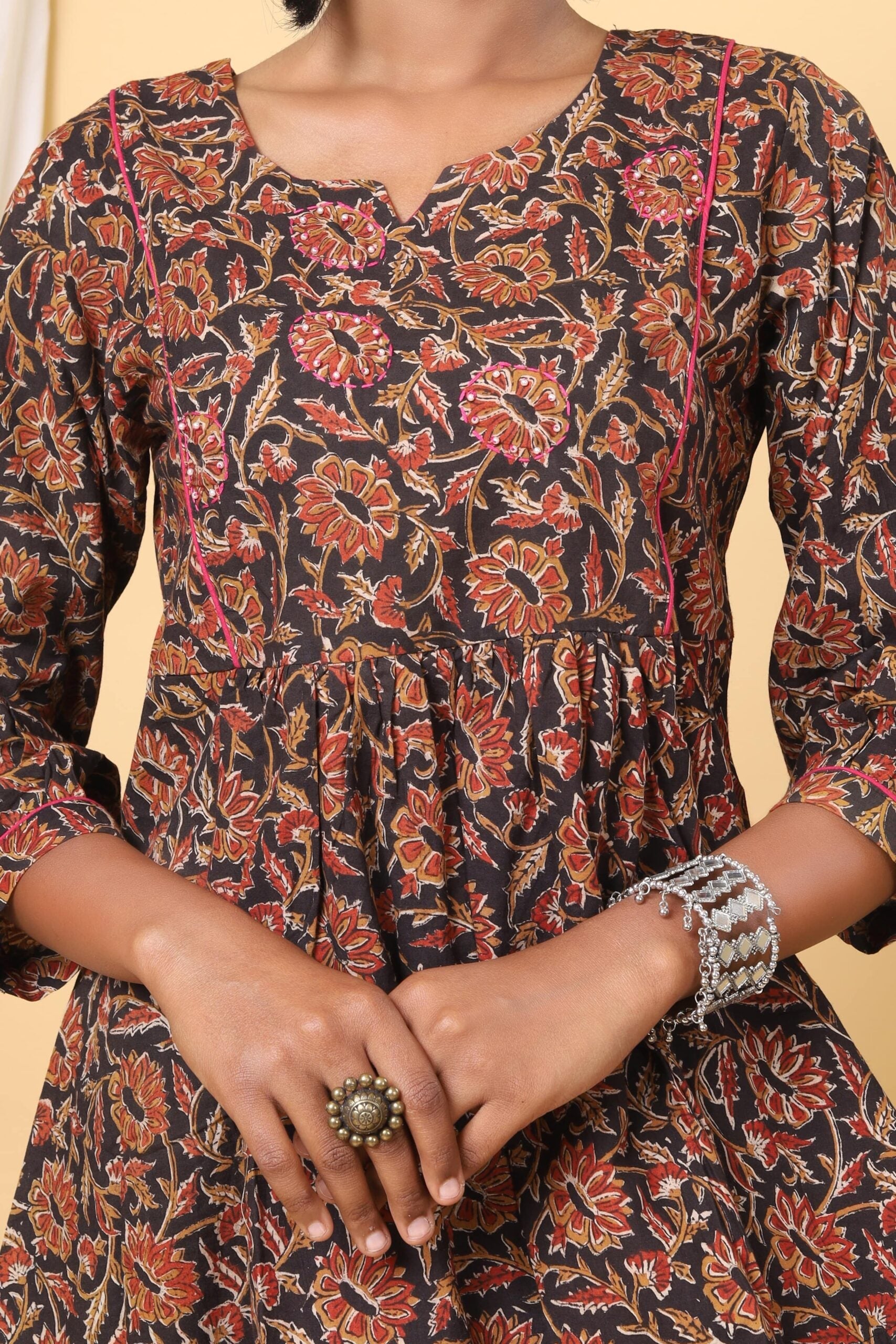 Black Floral Handblock Printed Short Top