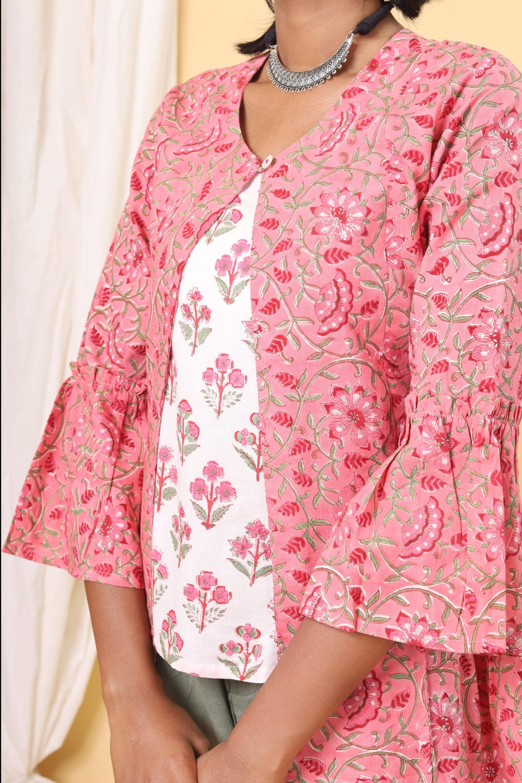 Flamingo Pink Handblock Printed Floral Double Top