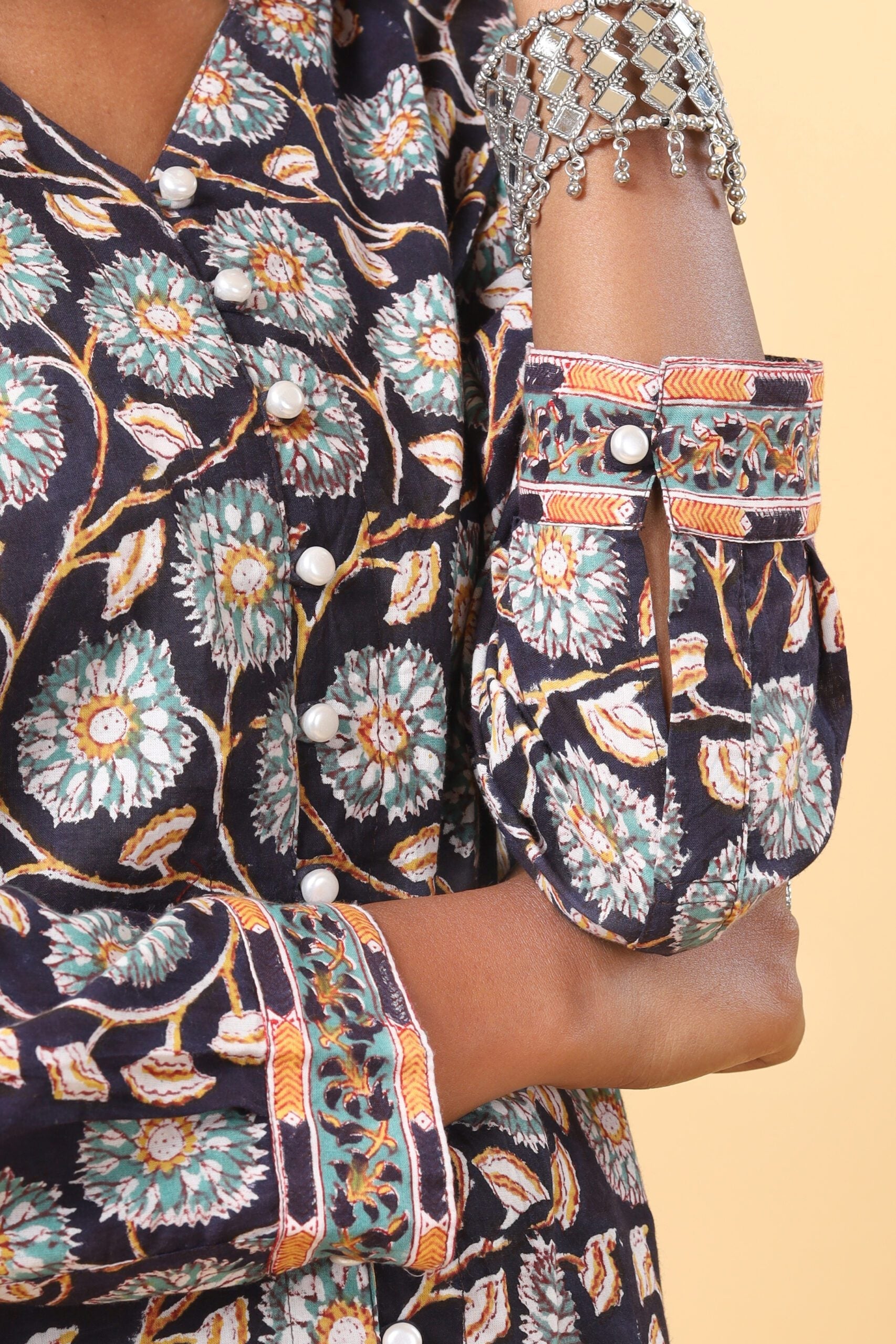Black Handblock Printed Floral Shirt Button Down Top