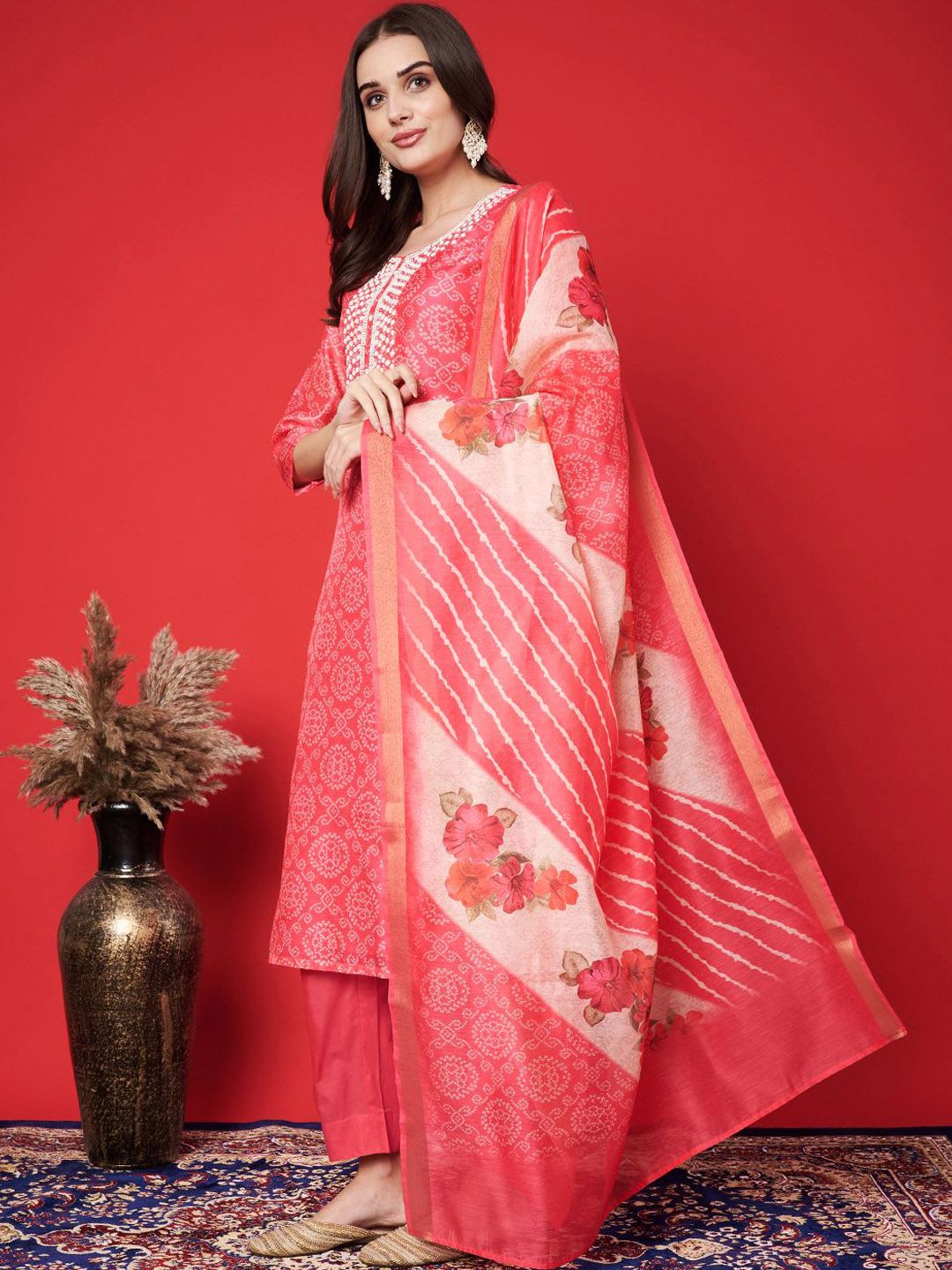 Label khoj chanderi kurta with bottom and dupptta setPink Color