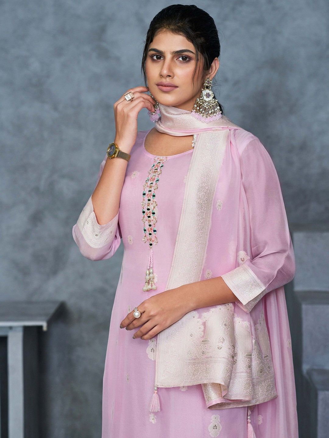 Label khoj Pure viscose organza jacqured with hand work kurta set