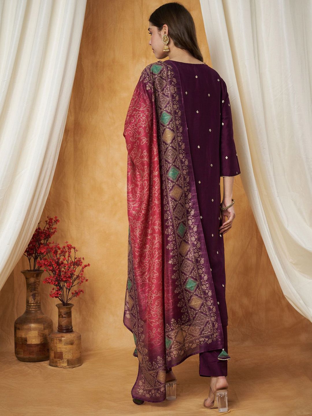 Label Khoj Women's Black Chinon Hand Embroidery Kurta with Pant and Dupatta
