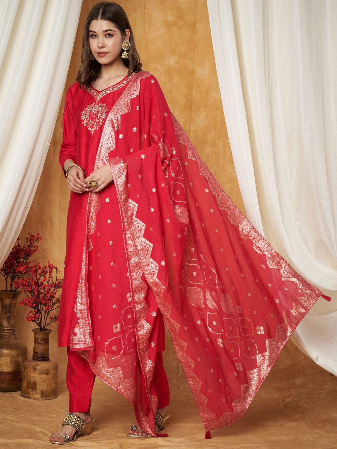 Label Khoj Women's Red Silk Blend Embroidery Kurta with Pant and Dupatta