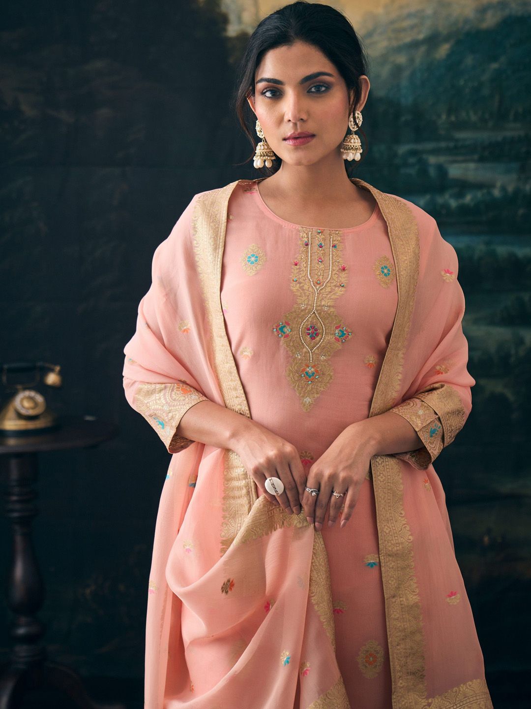 Label khoj Women pure jacquard kurta, trouser and dupptta set