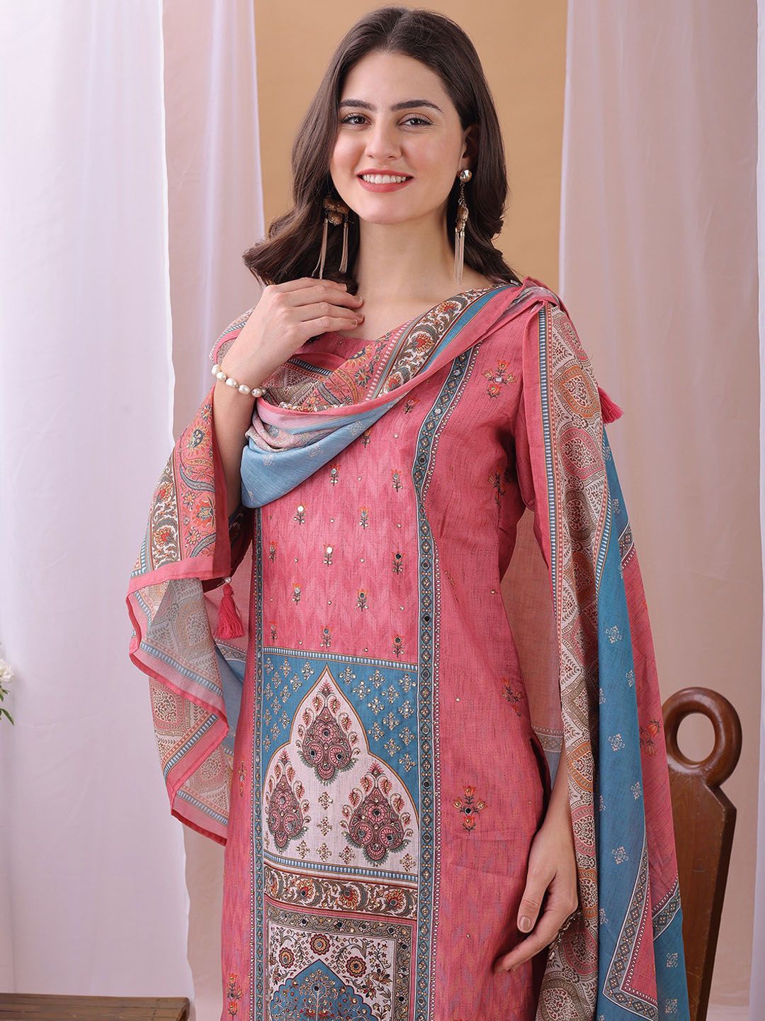 Label Khoj Women's Pink Silk Blend Handwork Kurta with Pant and Pink Dupatta