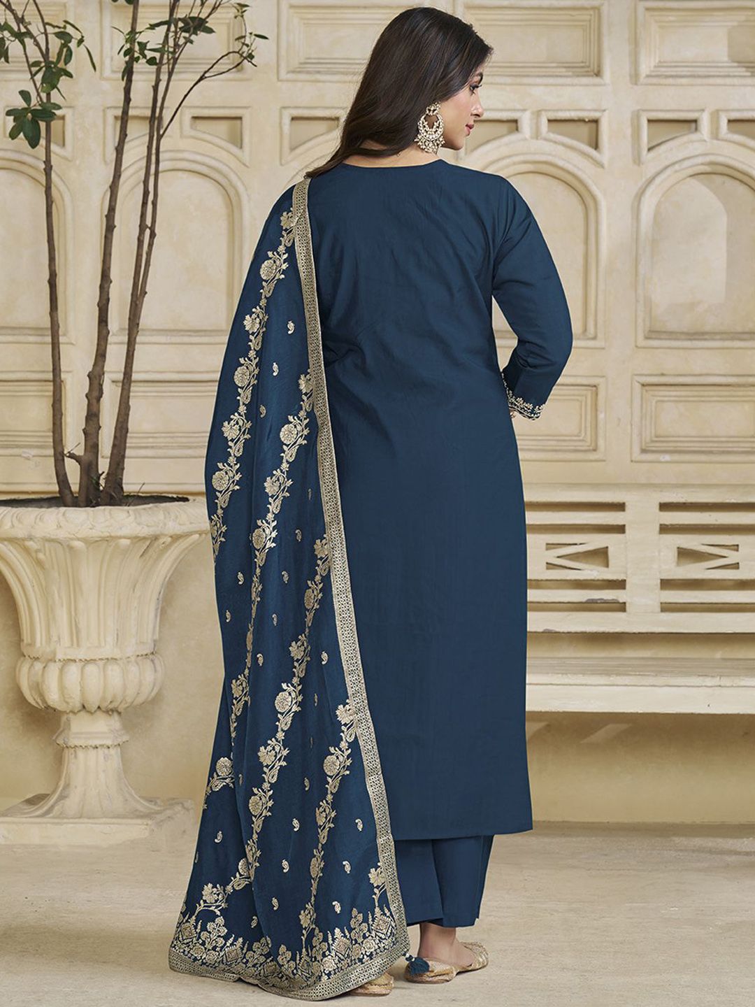 Label Khoj Women Roman Silk Embroidery  Work Blue Color Kurta & Bottom With Dupatta  Set